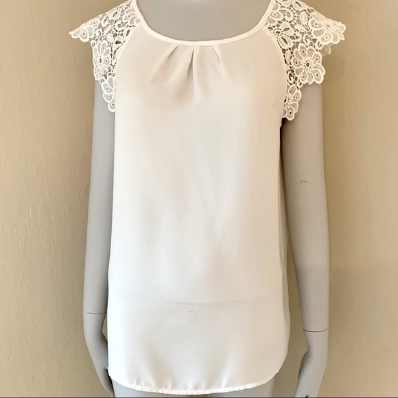 PHILOSOPHY Lace Cap Sleeve Top Silky Round Neck White - Picture 7 of 12